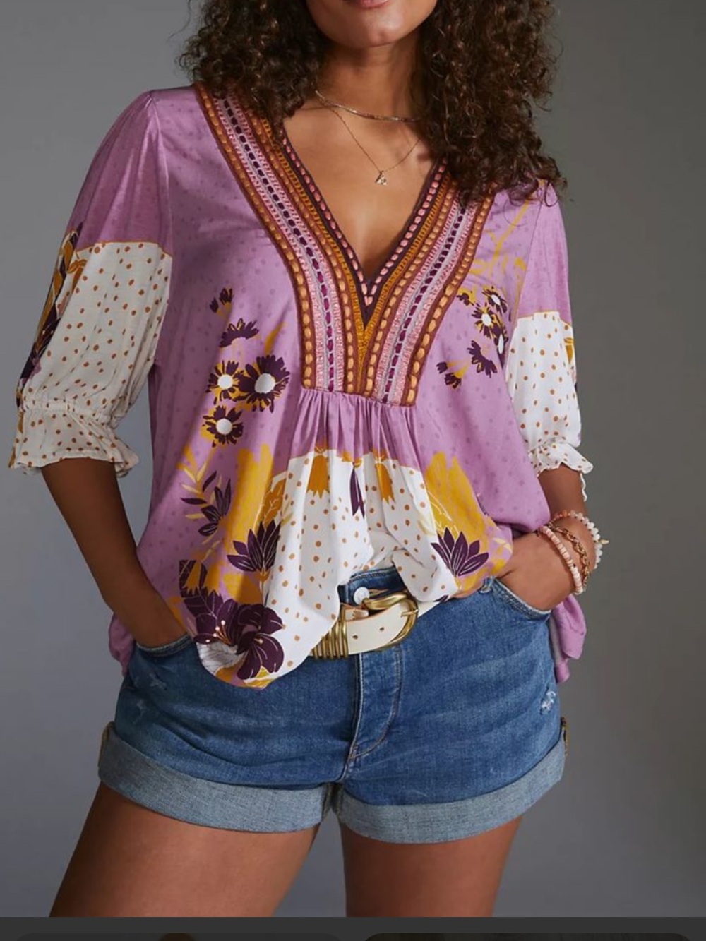 Anthropologie Blank London Lavender and Mustard Floral V-Neck Tunic
